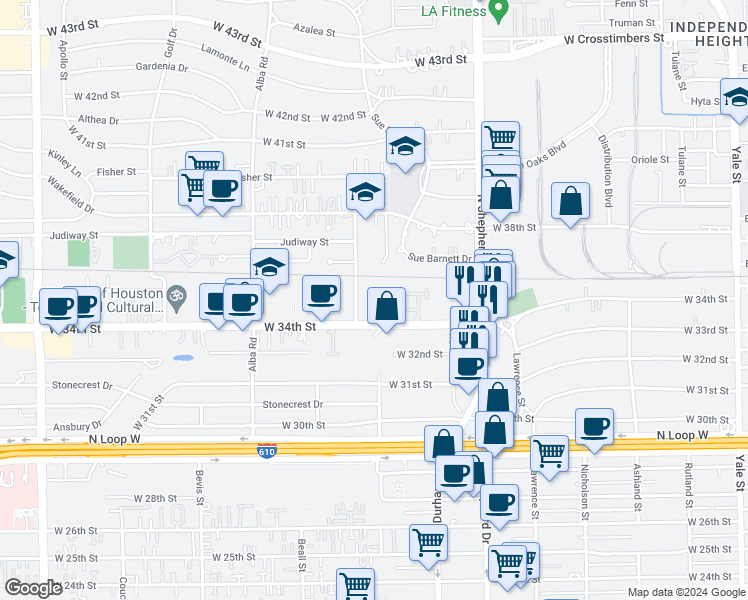 map of restaurants, bars, coffee shops, grocery stores, and more near 880 West 34th Street in Houston