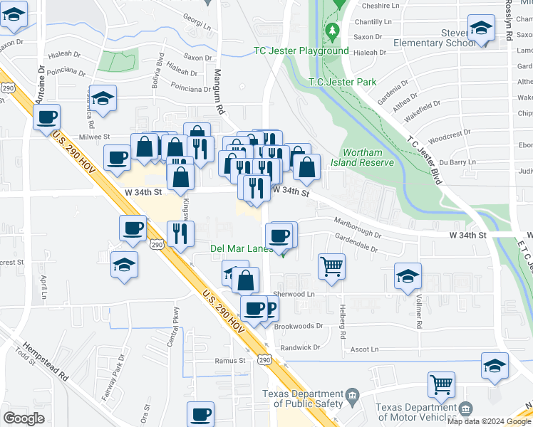 map of restaurants, bars, coffee shops, grocery stores, and more near 4711 West 34th Street in Houston