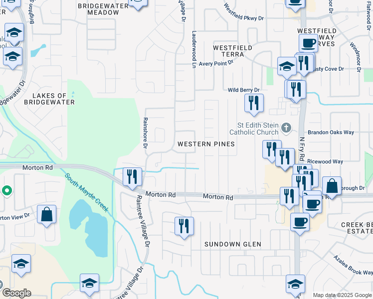 map of restaurants, bars, coffee shops, grocery stores, and more near 20522 Cedar Rain Drive in Katy