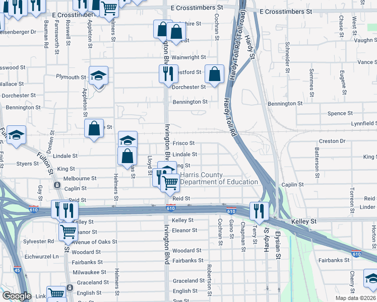 map of restaurants, bars, coffee shops, grocery stores, and more near 902 Frisco Street in Houston