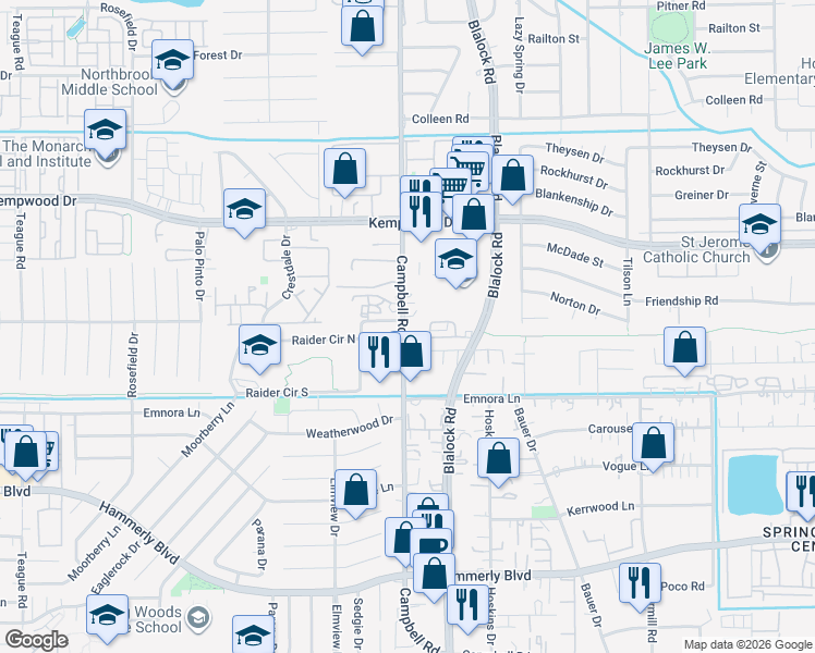 map of restaurants, bars, coffee shops, grocery stores, and more near 2696 1/2 Campbell Road in Houston