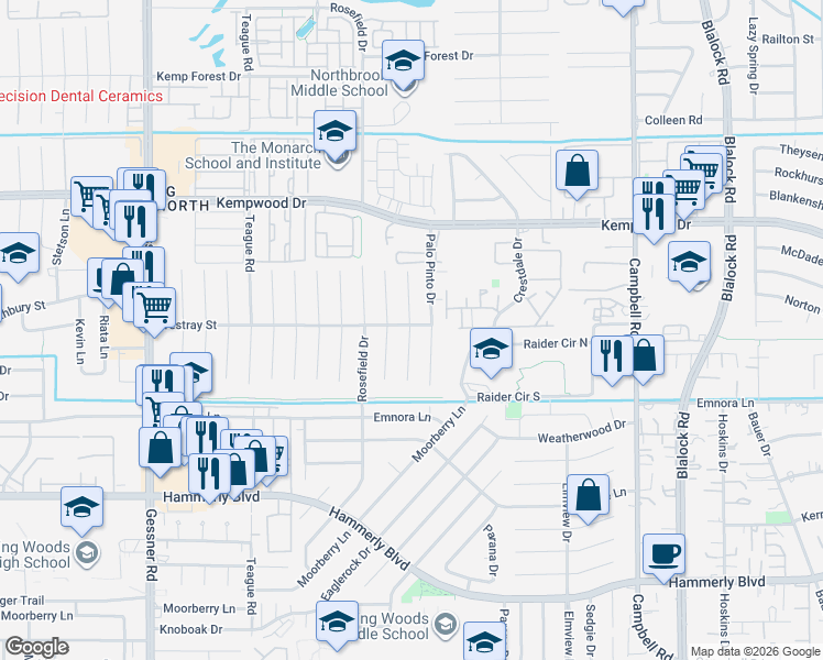 map of restaurants, bars, coffee shops, grocery stores, and more near 2500 Parana Drive in Houston