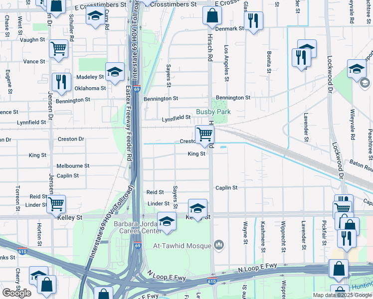 map of restaurants, bars, coffee shops, grocery stores, and more near 4021 King Street in Houston