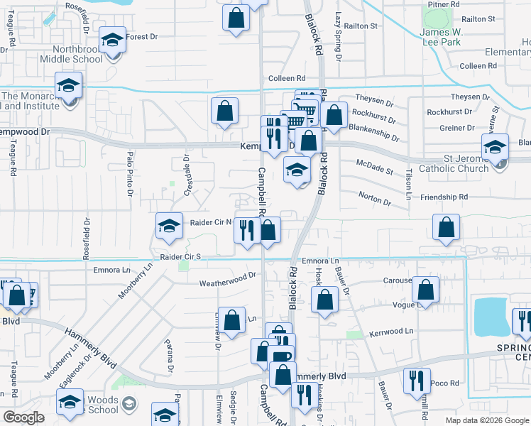 map of restaurants, bars, coffee shops, grocery stores, and more near 2696 1/2 Campbell Road in Houston