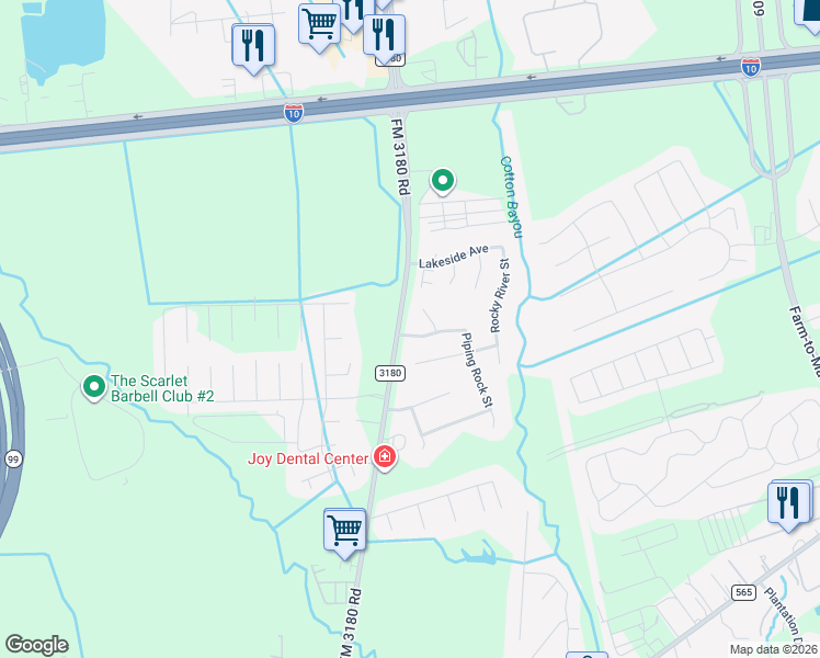 map of restaurants, bars, coffee shops, grocery stores, and more near 5007 Creekside Avenue in Baytown