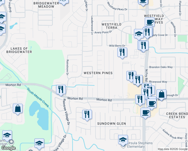 map of restaurants, bars, coffee shops, grocery stores, and more near 3319 Heather Lane in Katy