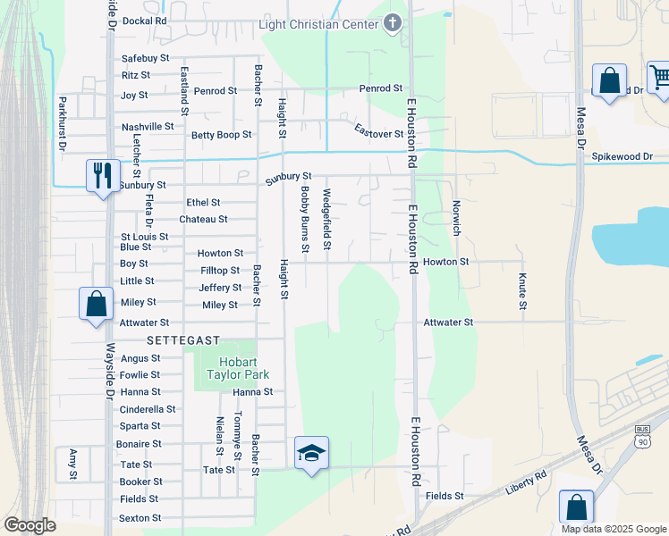 map of restaurants, bars, coffee shops, grocery stores, and more near 6030 Wedgefield Street in Houston