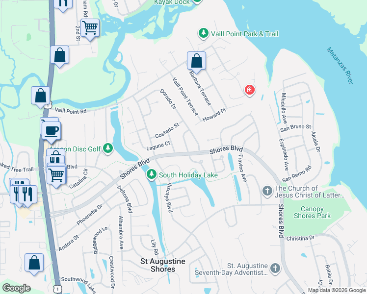 map of restaurants, bars, coffee shops, grocery stores, and more near 979 Altara Avenue in St. Augustine