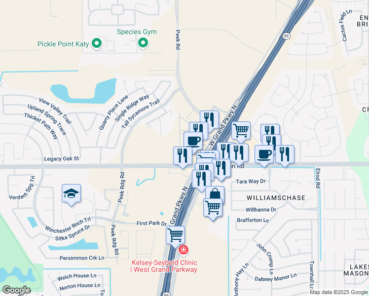 map of restaurants, bars, coffee shops, grocery stores, and more near 23050 Morton Ranch Road in Katy
