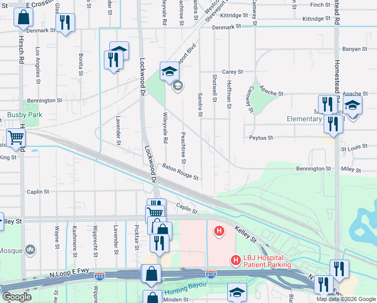 map of restaurants, bars, coffee shops, grocery stores, and more near 6412 Peachtree Street in Houston