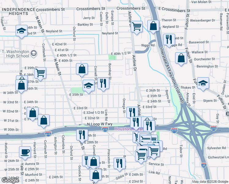 map of restaurants, bars, coffee shops, grocery stores, and more near 3506 Europa Street in Houston