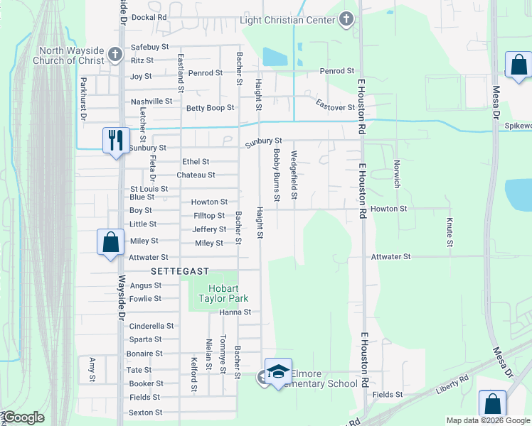 map of restaurants, bars, coffee shops, grocery stores, and more near 6038 Haight Street in Houston