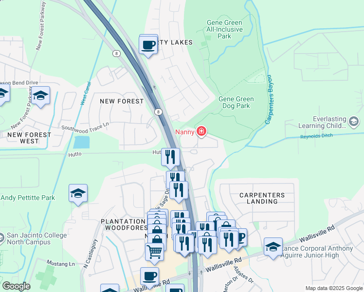 map of restaurants, bars, coffee shops, grocery stores, and more near 6464 Texas 8 Beltway Frontage Road in Houston