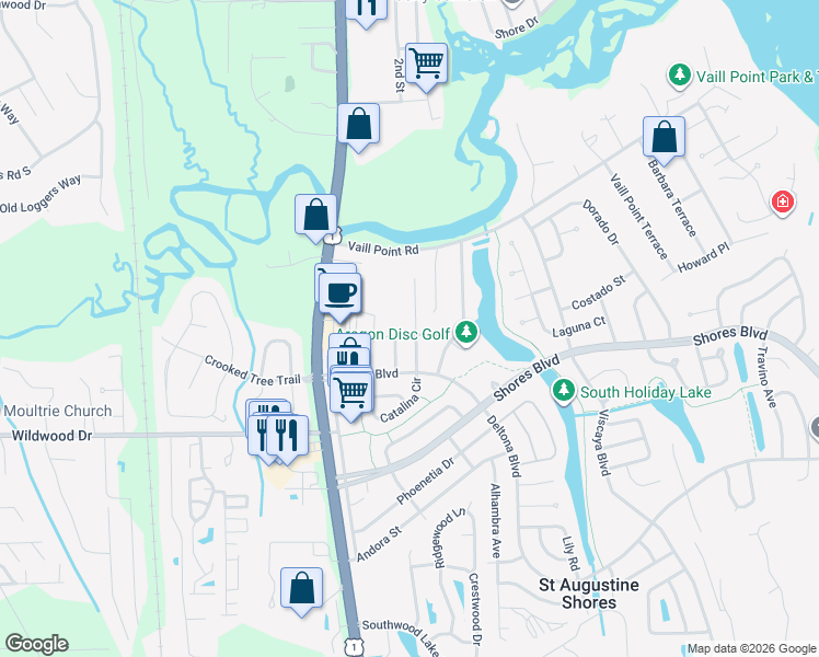 map of restaurants, bars, coffee shops, grocery stores, and more near 100 Barbarosa Street in St. Augustine