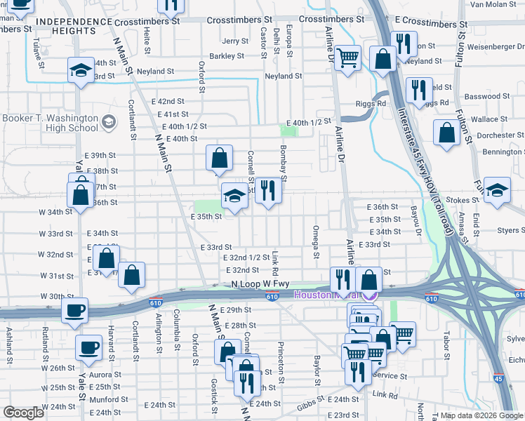 map of restaurants, bars, coffee shops, grocery stores, and more near 3510 Castor Street in Houston