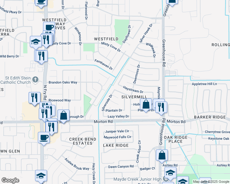 map of restaurants, bars, coffee shops, grocery stores, and more near 19539 Woodglen Drive in Katy