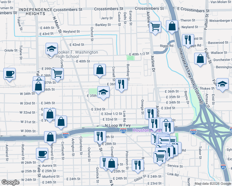 map of restaurants, bars, coffee shops, grocery stores, and more near 3510 Castor Street in Houston