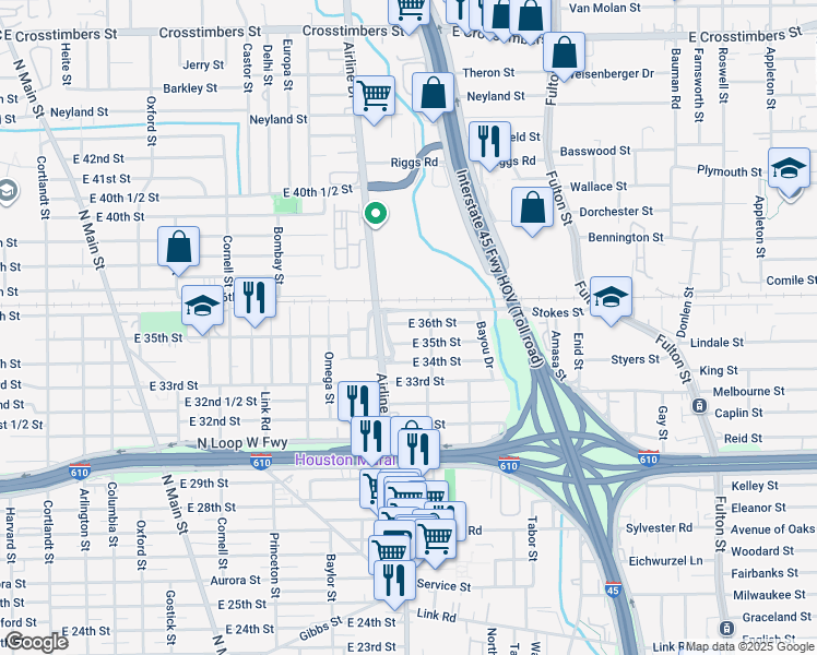 map of restaurants, bars, coffee shops, grocery stores, and more near 1314 East 36th Street in Houston