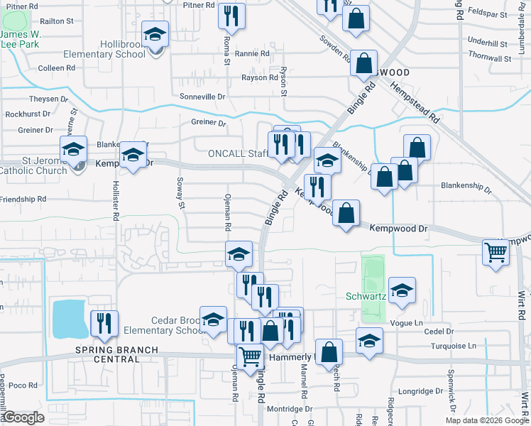 map of restaurants, bars, coffee shops, grocery stores, and more near 8502 Norton Dr in Houston