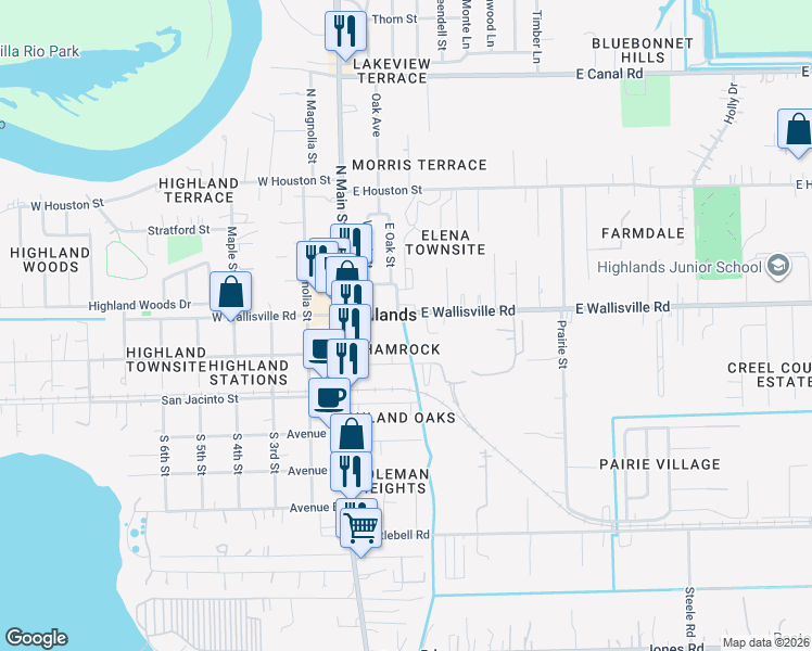 map of restaurants, bars, coffee shops, grocery stores, and more near 205 East Wallisville Road in Highlands