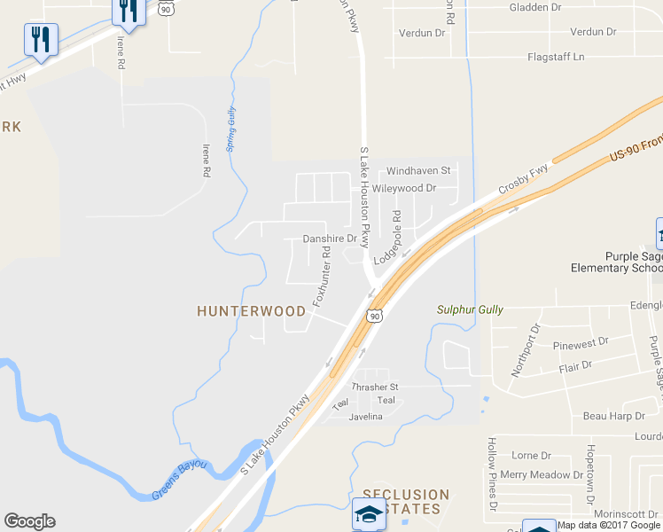 map of restaurants, bars, coffee shops, grocery stores, and more near 6322 Foxhunter Road in Houston