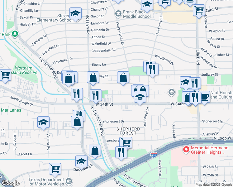 map of restaurants, bars, coffee shops, grocery stores, and more near 2220 Lou Ellen Lane in Houston