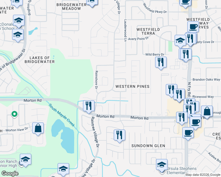 map of restaurants, bars, coffee shops, grocery stores, and more near 3327 Raintree Village Drive in Katy