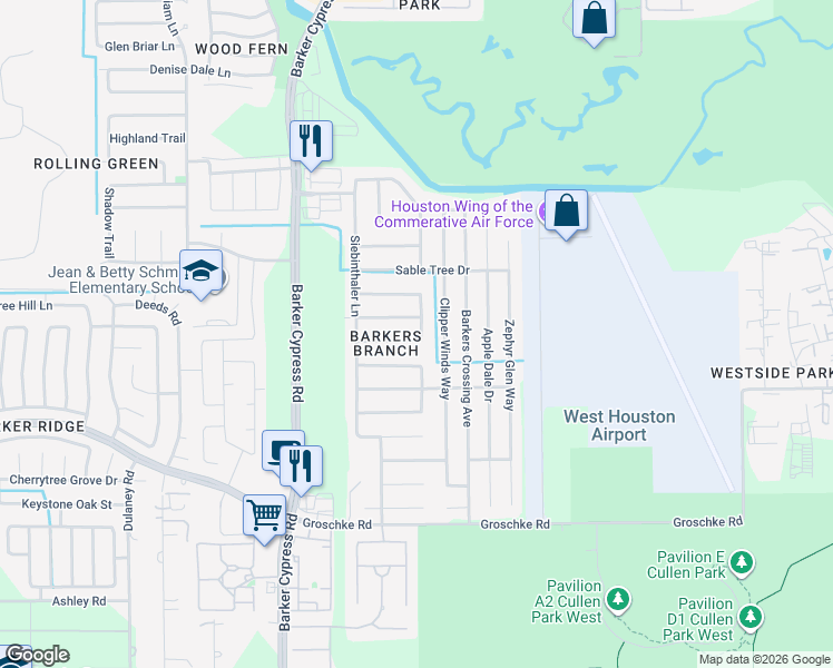map of restaurants, bars, coffee shops, grocery stores, and more near 18210 Barkers Crest Drive in Houston