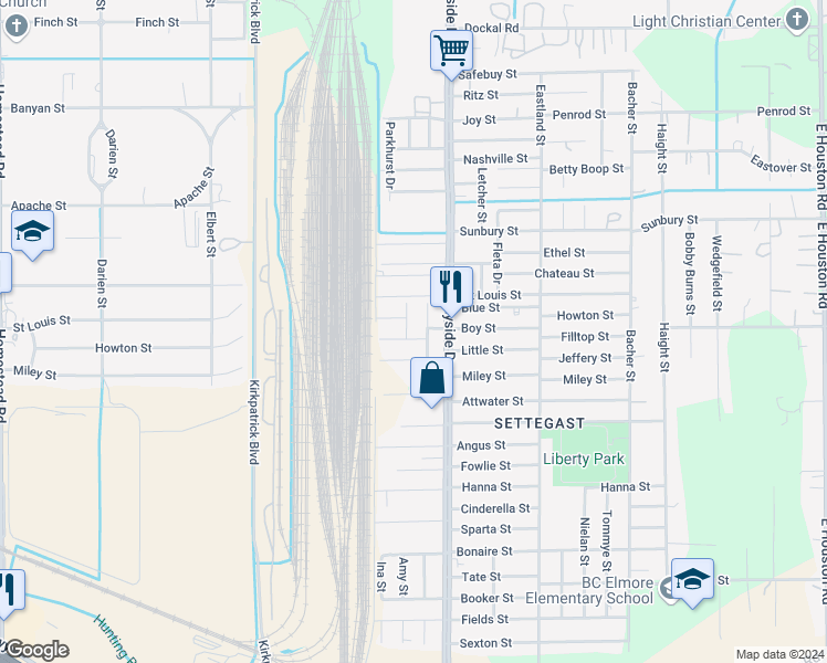 map of restaurants, bars, coffee shops, grocery stores, and more near 6214 Amy Street in Houston
