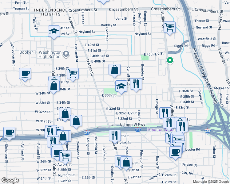 map of restaurants, bars, coffee shops, grocery stores, and more near 603 East 35th Street in Houston