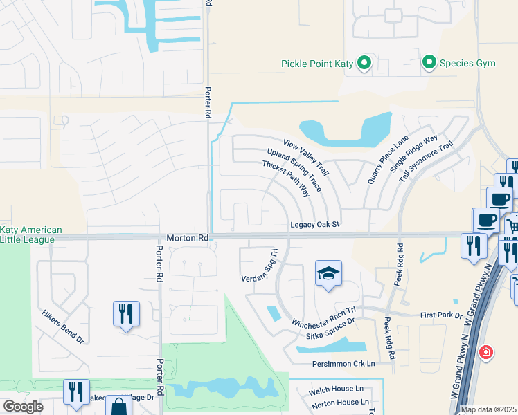 map of restaurants, bars, coffee shops, grocery stores, and more near 3027 Narrow Stream Way in Katy