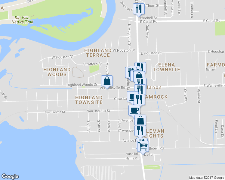 map of restaurants, bars, coffee shops, grocery stores, and more near 309 West Wallisville Road in Highlands