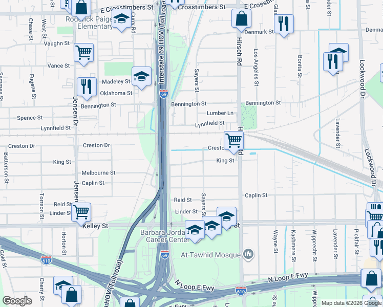 map of restaurants, bars, coffee shops, grocery stores, and more near 3929 King Street in Houston