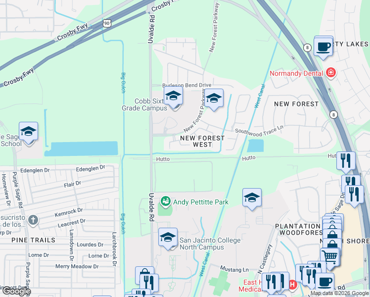 map of restaurants, bars, coffee shops, grocery stores, and more near 6615 Romsley Lane in Houston