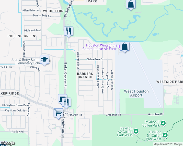 map of restaurants, bars, coffee shops, grocery stores, and more near 18210 Barkers Crest Drive in Houston