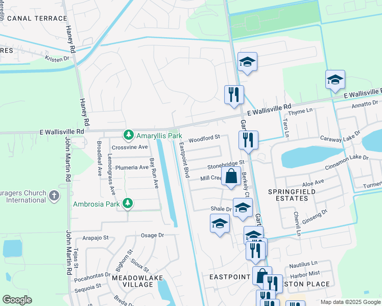 map of restaurants, bars, coffee shops, grocery stores, and more near 4714 Black Rock Street in Baytown