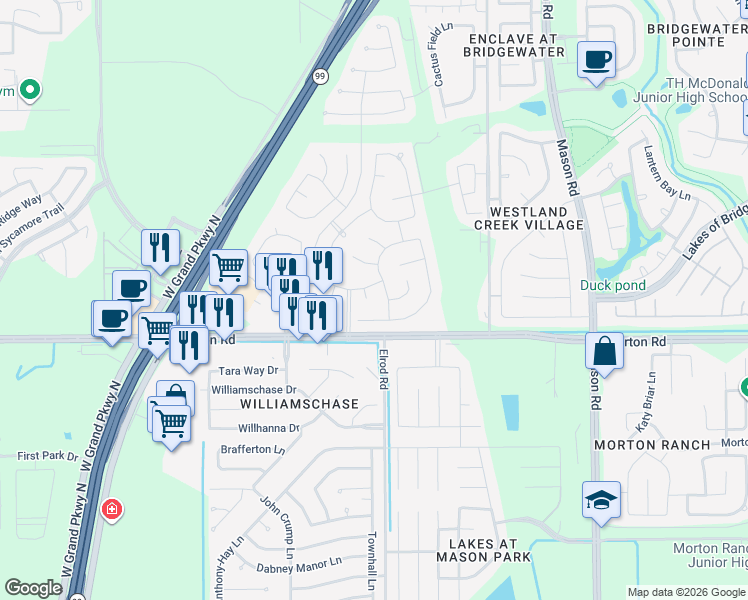 map of restaurants, bars, coffee shops, grocery stores, and more near 3106 Livingston Ridge Court in Katy