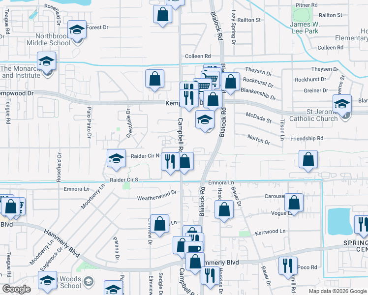 map of restaurants, bars, coffee shops, grocery stores, and more near 2696 1/2 Campbell Road in Houston