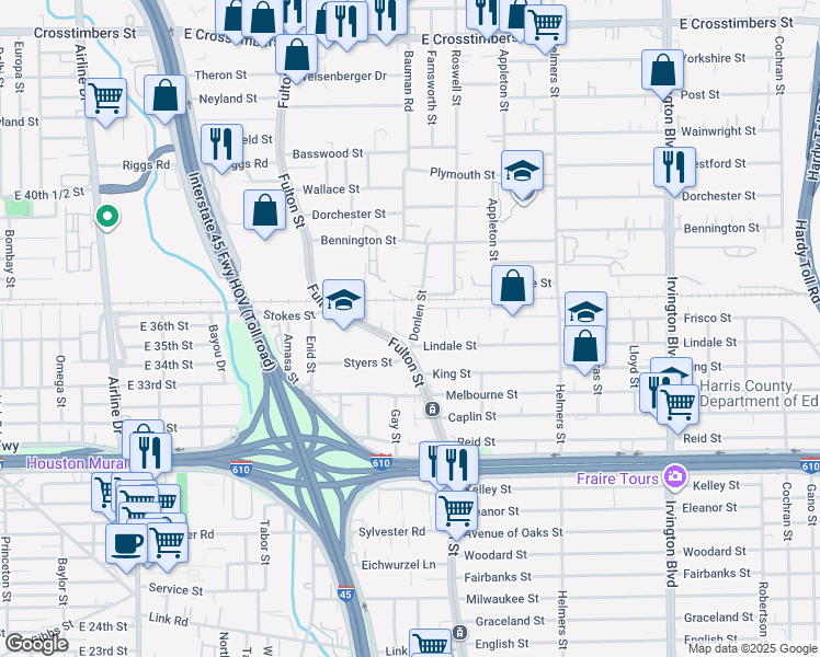 map of restaurants, bars, coffee shops, grocery stores, and more near 6703 Donlen Street in Houston