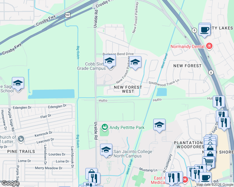 map of restaurants, bars, coffee shops, grocery stores, and more near 6615 Romsley Lane in Houston