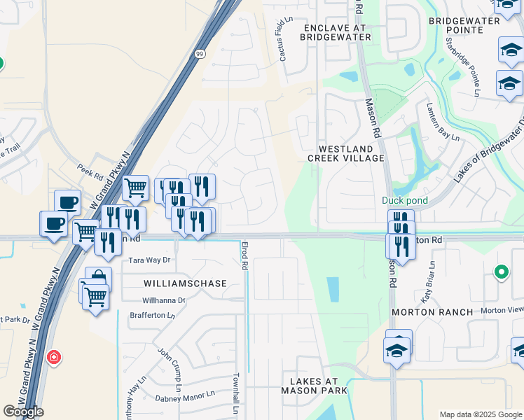 map of restaurants, bars, coffee shops, grocery stores, and more near 22427 Stamford Brook Court in Katy