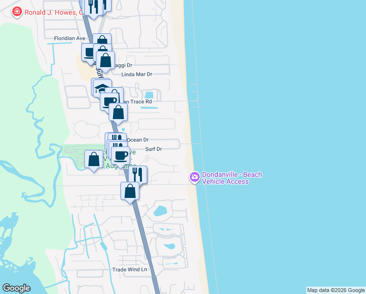 map of restaurants, bars, coffee shops, grocery stores, and more near 1 Surf Drive in St. Augustine