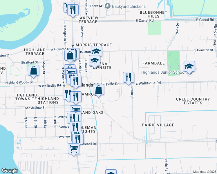 map of restaurants, bars, coffee shops, grocery stores, and more near 409 East Wallisville Road in Highlands