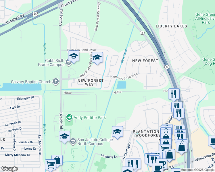 map of restaurants, bars, coffee shops, grocery stores, and more near 6614 Washforde Lane in Houston