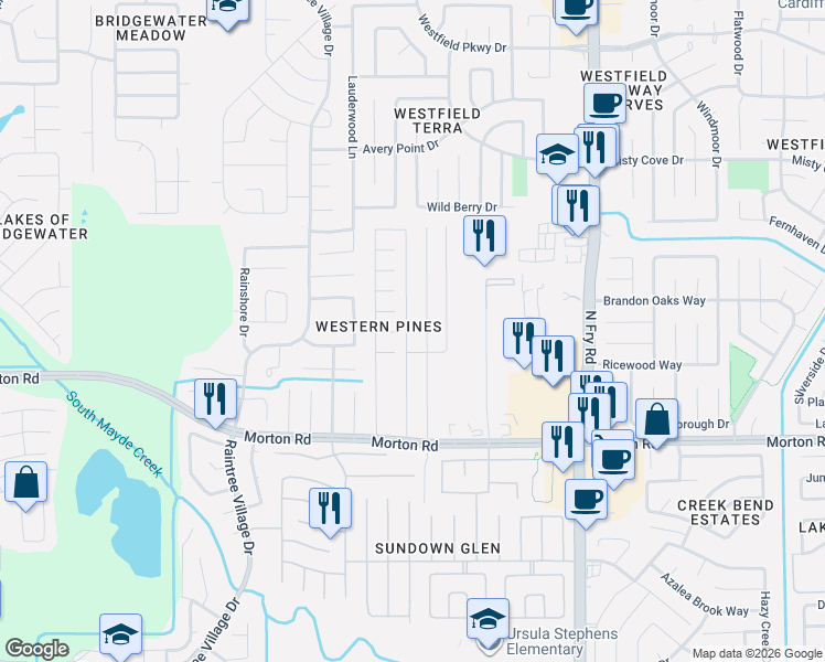 map of restaurants, bars, coffee shops, grocery stores, and more near 3318 Randy Lane in Katy