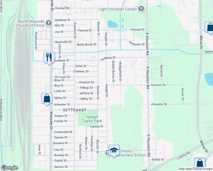 map of restaurants, bars, coffee shops, grocery stores, and more near 6038 Haight Street in Houston