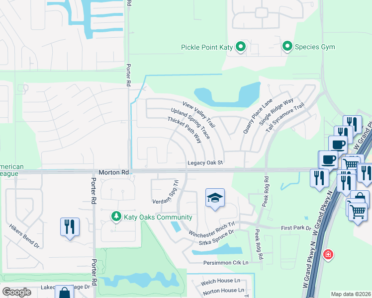 map of restaurants, bars, coffee shops, grocery stores, and more near 3027 Winchester Ranch Trail in Katy
