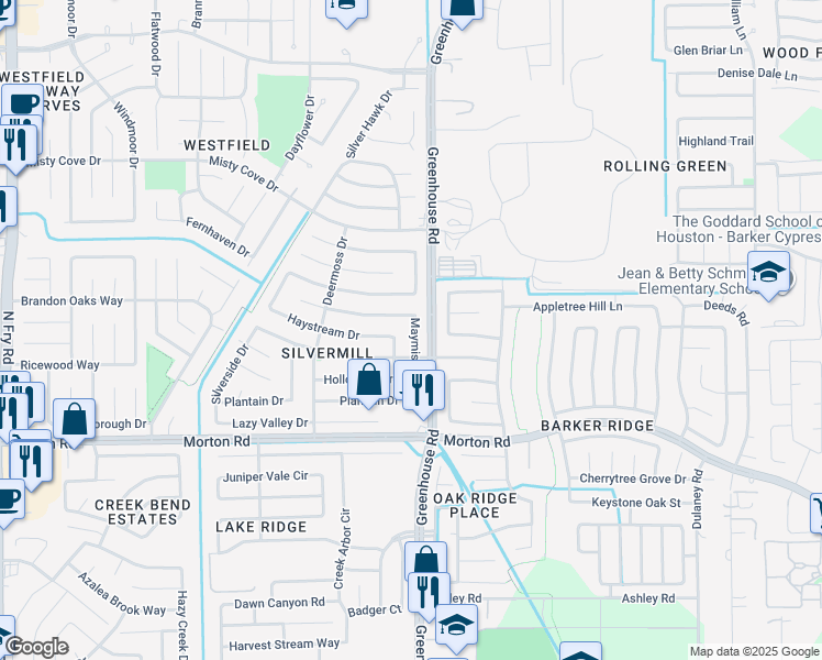 map of restaurants, bars, coffee shops, grocery stores, and more near 3419 Maymist Drive in Katy