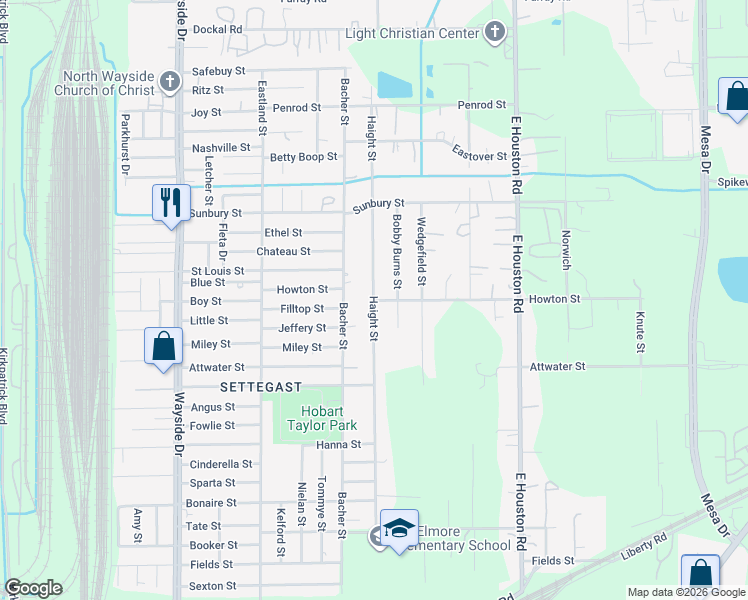 map of restaurants, bars, coffee shops, grocery stores, and more near 6038 Haight Street in Houston