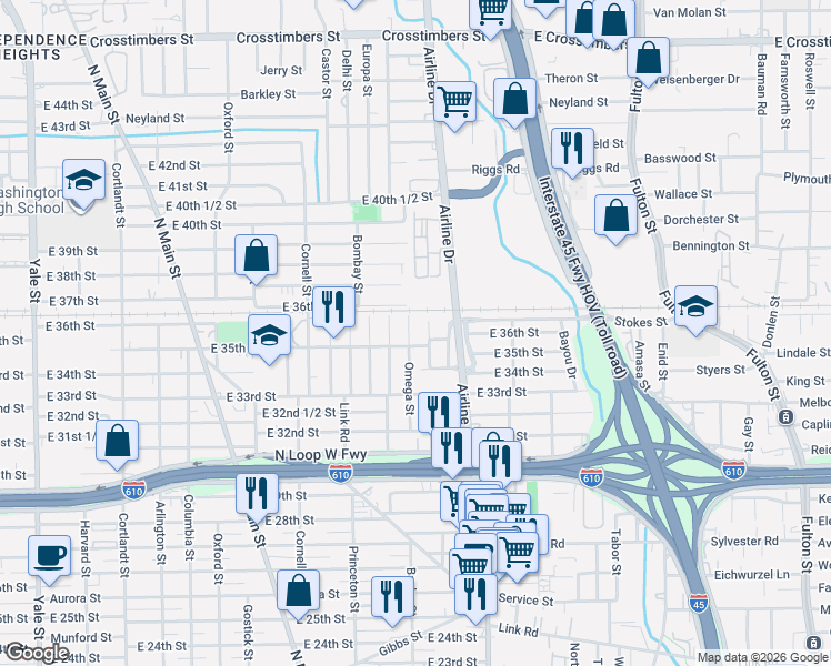 map of restaurants, bars, coffee shops, grocery stores, and more near 3508 Omega Street in Houston